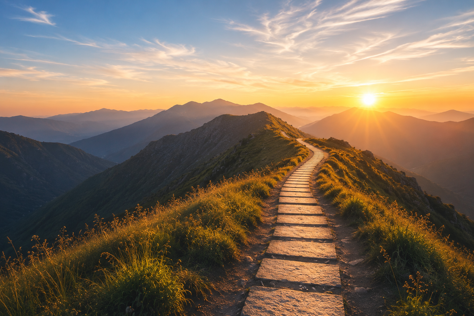 A winding stone path climbing a mountain ridge toward the sunrise